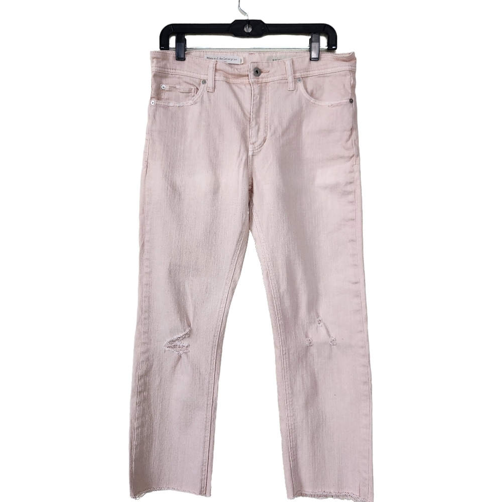 Anthro Pilcro Pink Slim Straight 30" Waist Ankle Jeans Distressed Raw Hem